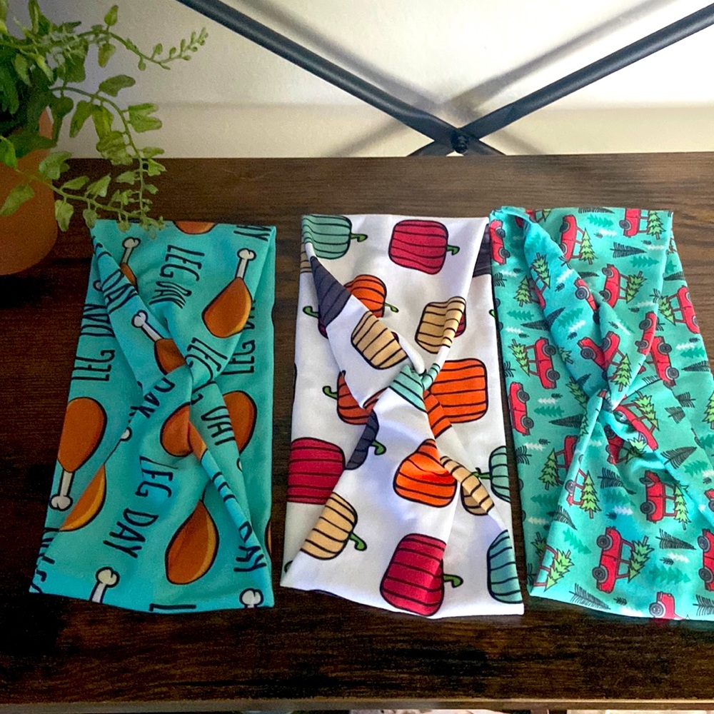 Set of 3 Handmade Knotted Headbands 🍗🎃🚗🌲